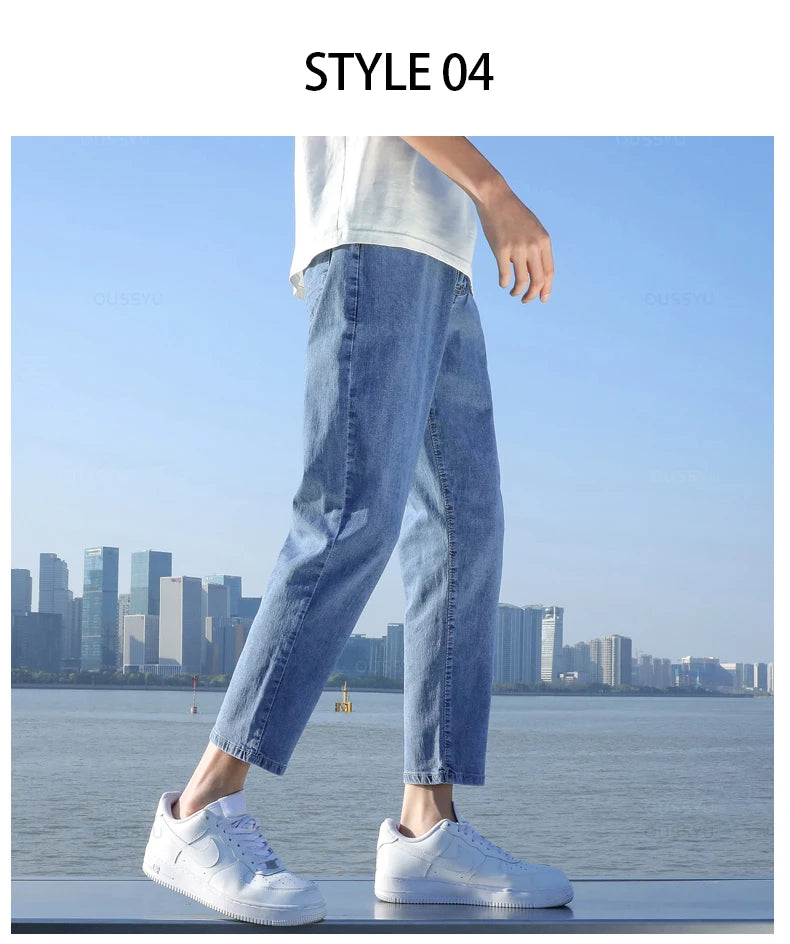 2024 New Men's Stretch Ankle Length Jeans Light blue Fashion Casual Cotton Slim Fit Denim Pants Korean Trousers Male Brand Cloth - reetell