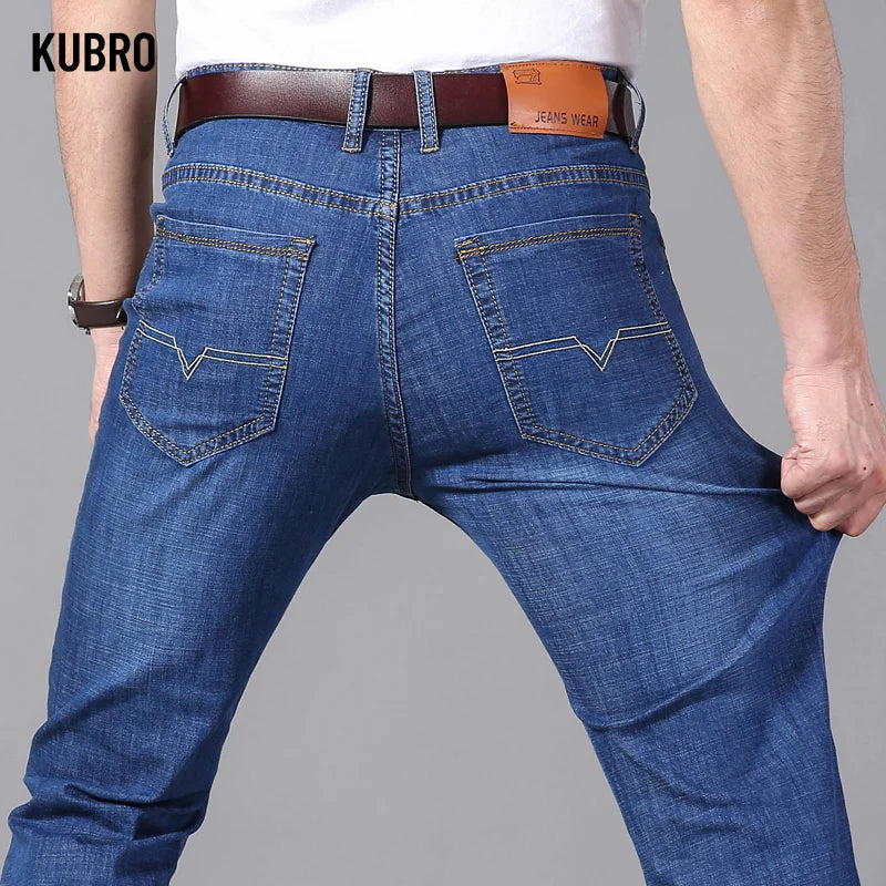 KUBRO Men's Jeans Summer Thin Pants Straight Blue Jean Baggy Casual Work Denim Pant High Elasticity Wide Leg Business Male - reetell