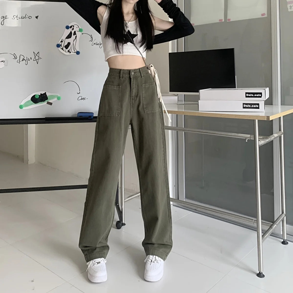 Military Green Jeans for Women High Waist Wide Legs Straight Leg Loose and Hanging Feeling Floor Length Pants High Street Trend - reetell