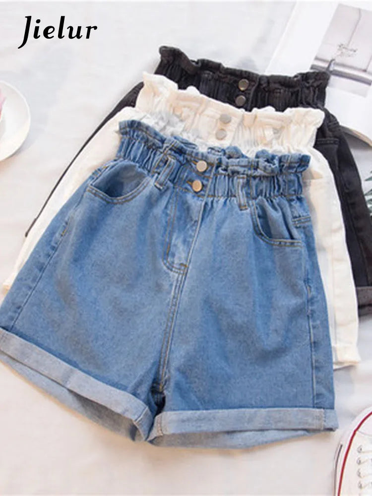 Jielur Summer Black Women Denim Shorts Women S-5XL Harem Ruffled White Blue High Waisted Shorts Female Elastic Short Jeans - reetell