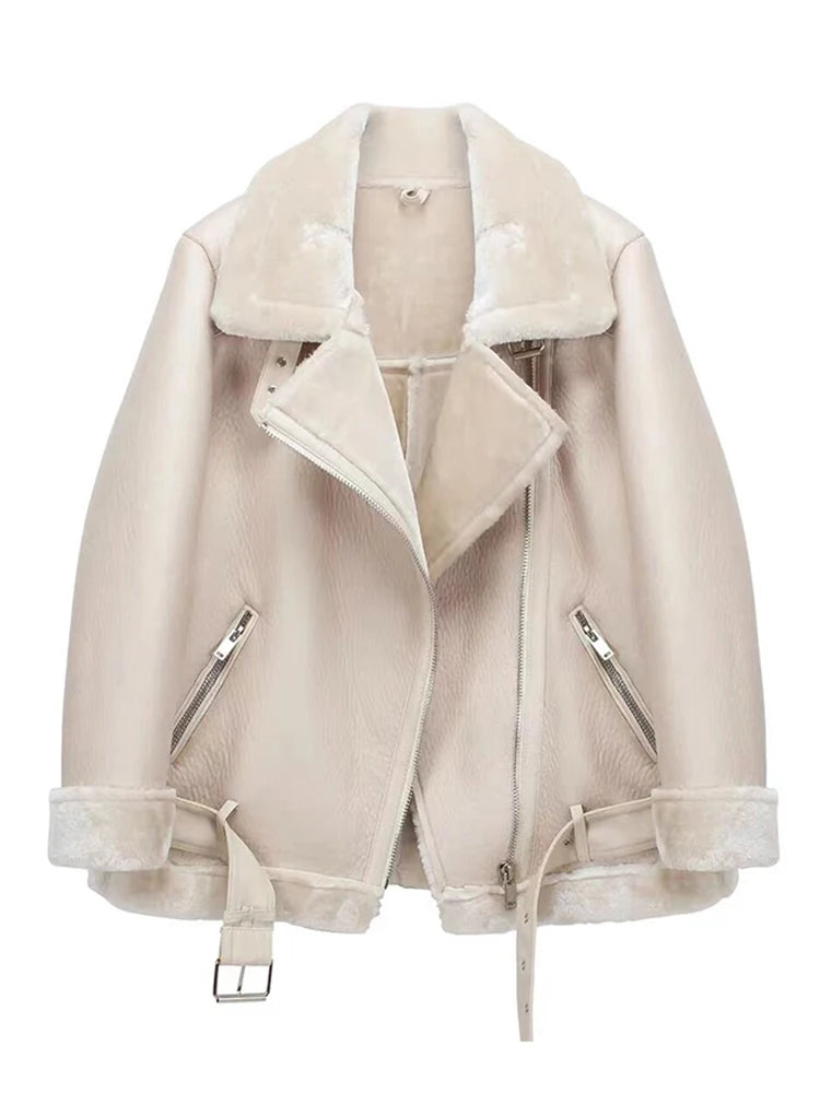 Ailegogo Winter Coats Women Thickness Faux Leather Fur Sheepskin Female Fur Leather Jacket Aviator Outwear Casaco Feminino