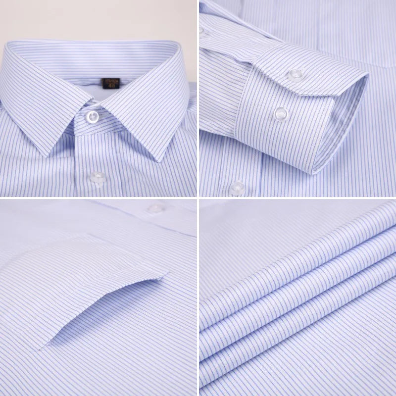 High Quality Cotton Men Dress Long Sleeve Shirt 2023 New Solid Male Plus Size Regular Fit Stripe Business Shirt White Blue - reetell