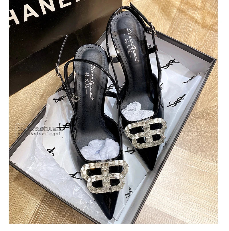 2024 New Pointed Black High Heels, Women's Thin Heels, Water Diamonds, One Line with Baotou Sandals and Button Single Shoes - reetell