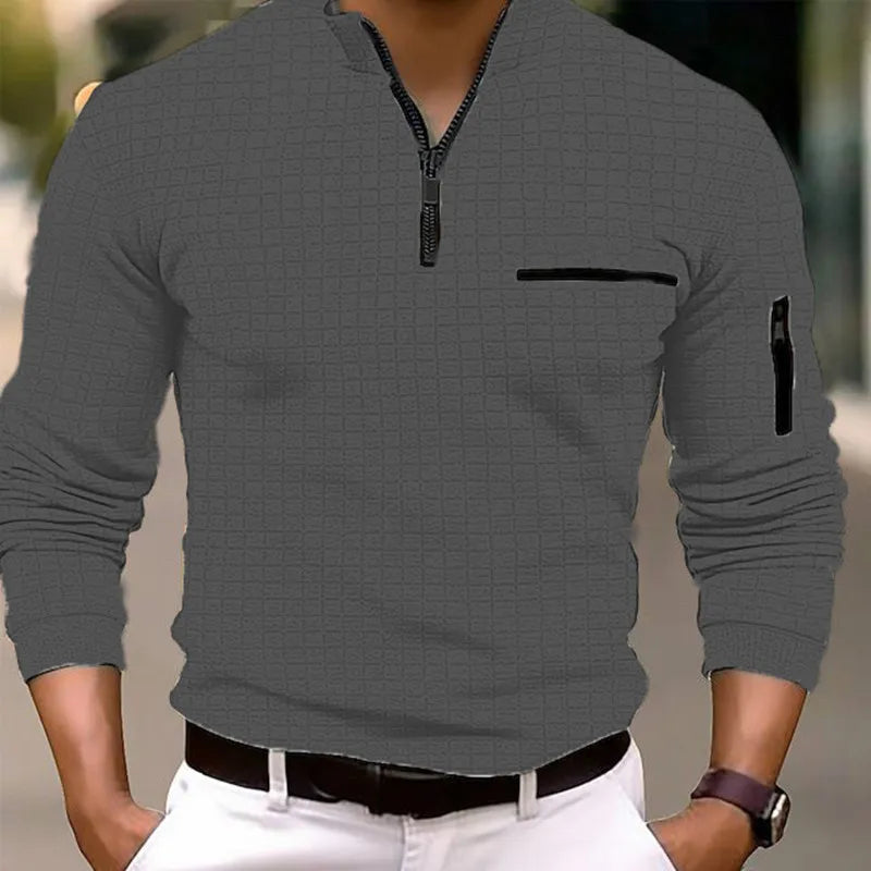 Spring and autumn new fashion men's casual cotton long sleeve Polo shirt pocket zipper standing collar men's shirt Polo