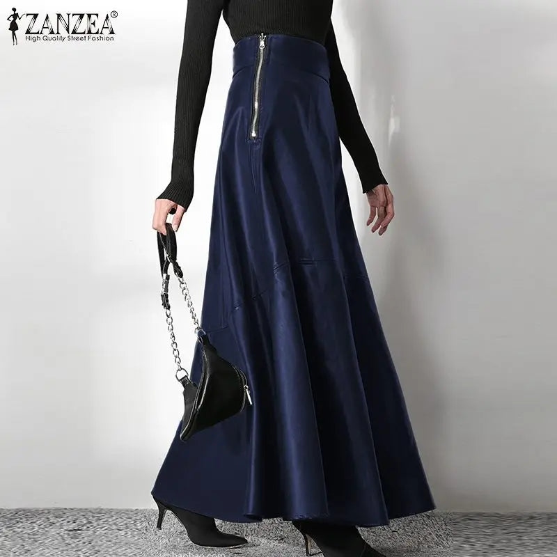 2023 Fashion Solid Mujer Faldas ZANZEA PU Leather Maxi Skirts Women's Elegant OL Long Saias Casual High Waist Zipper Jupe Femme - reetell