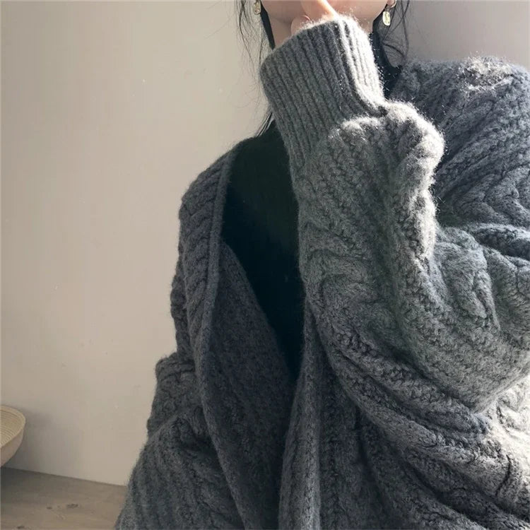 Women Cardigan Jacket Long Coat Solid Thicken Sweater Autumn Winter Street Wear Loose Warm Overcoat Female Topcoat Fashion Retro - reetell