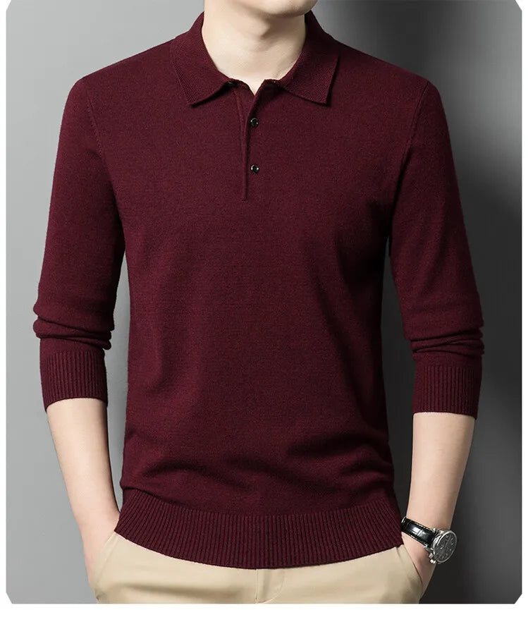 Autumn and Winter New Warm Soft Pullover Men's Business Lapel Knitwear Casual Solid Color Long Sleeve Polo Shirt Office - reetell