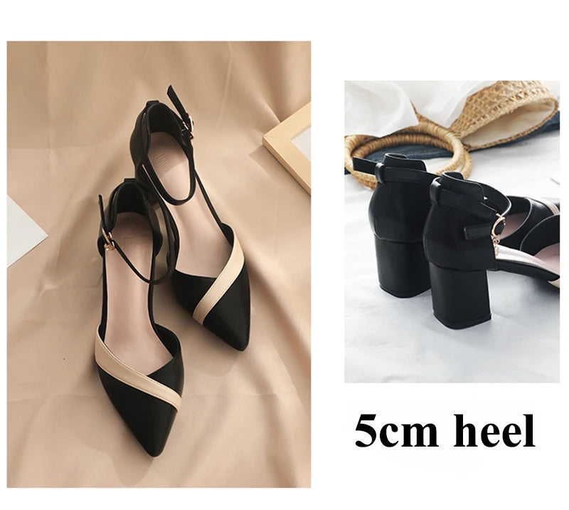 Rimocy Mix Color Med Heels Pumps Women Pointed Toe Ankle Strap High Heels Shoes Woman Pu Leather Patchwork Office Shoes Female