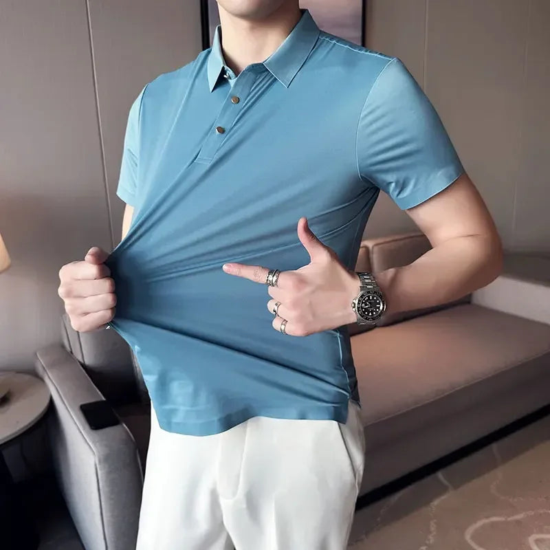 Ice Silk Traceless T-shirt Men's  Business Casual Solid Color Half Sleeve High Elasticity Top Silk Smooth Breathable POLO Shirt