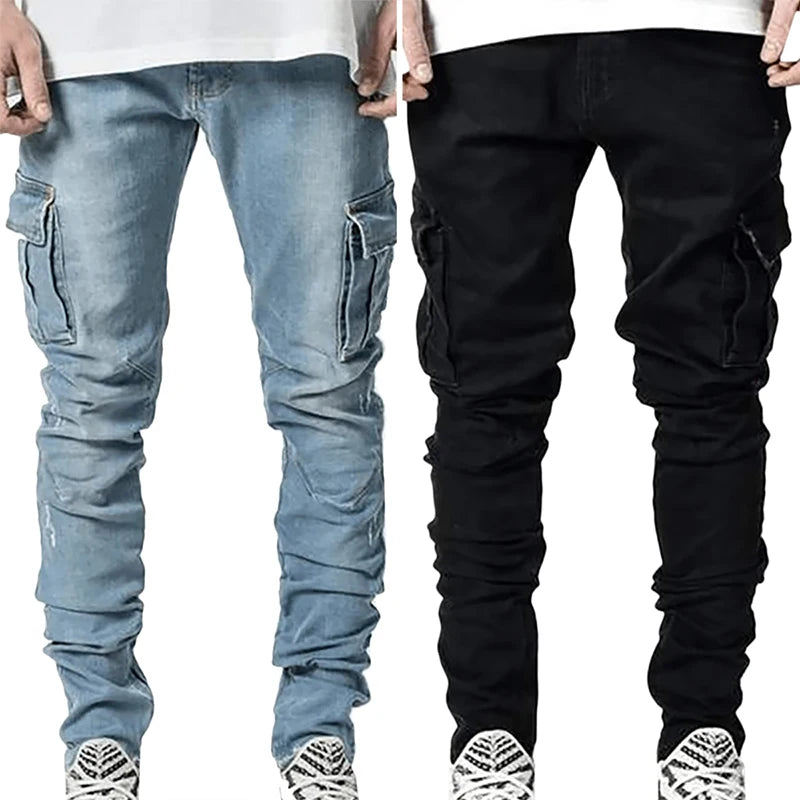 Men's Fahsion Elastic Slim Fit Jeans Men Cargo Denim Pants Solid Color Multi Pockets Casual Skinny Male Trousers mens clothing - reetell