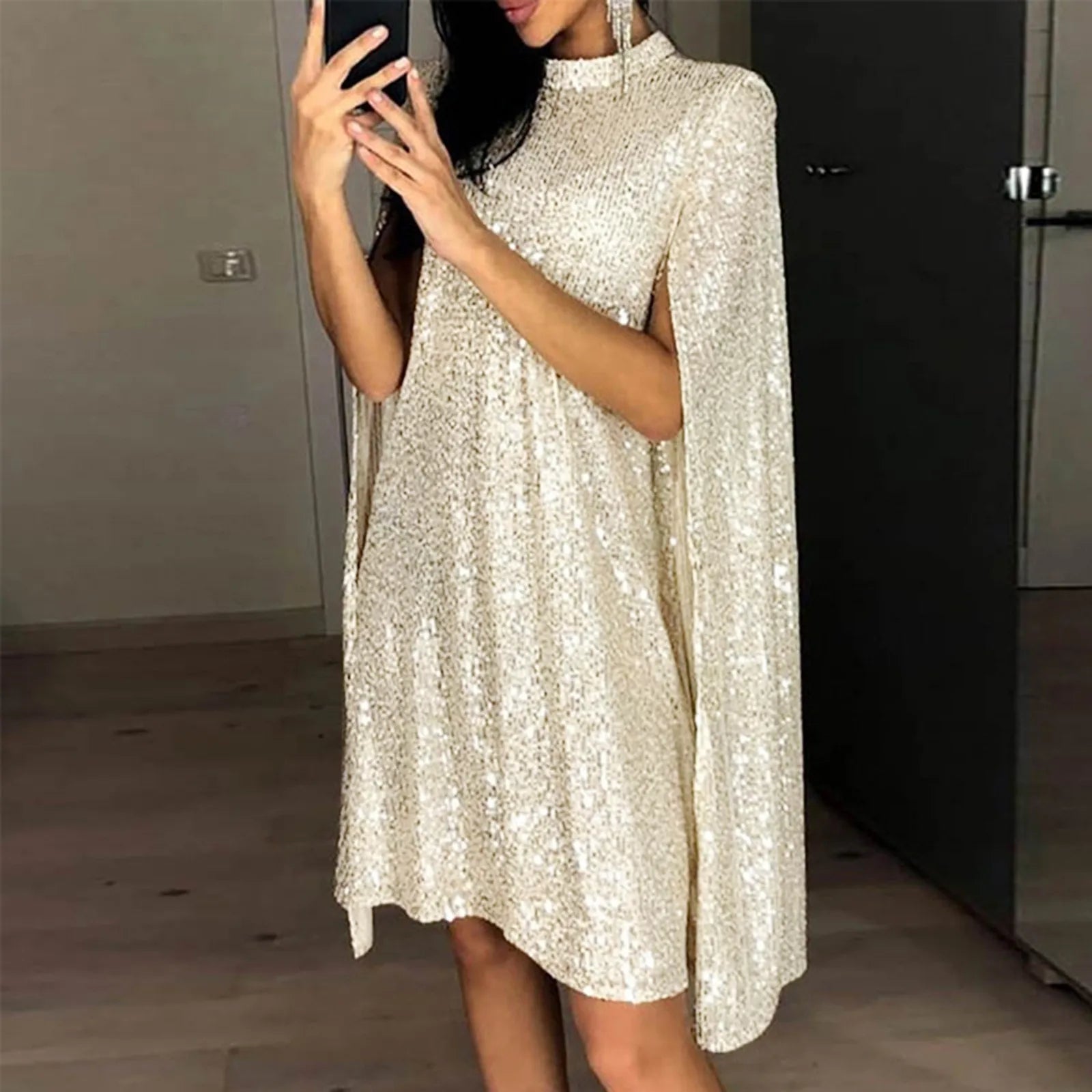 Fashion Sliver Sequins Cloak Sleeves High Neck Evening Party Dress for Women Sexy Elegant Temperament Cocktail Prom Dresses - reetell