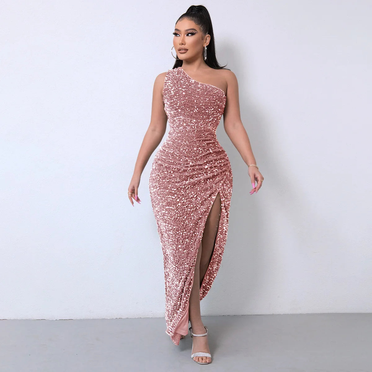 Women Long Dresses Sexy One Shoulder Bodycon Evening dresses Sequined Irregular Prom Dress Cocktail Birthday Party Welcome Dress - reetell