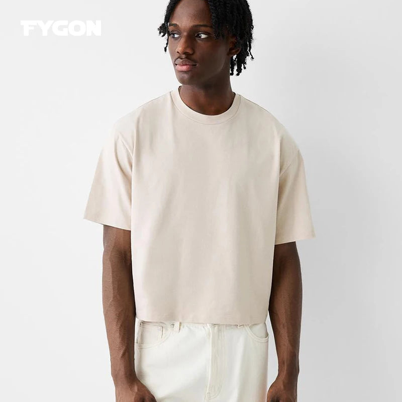 Fygon 2024 Summer Boxy Fit Cropped 100% Cotton T-shirts Oversized O-neck Solid Color Basic Short Sleeves Street Design Tops - reetell