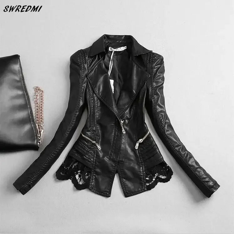 SWREDMI Women's Leather Jacket 2024 New Slim Fashion Lace Stitching Leather Clothing Female S-4XL Leather Coat Black Tops