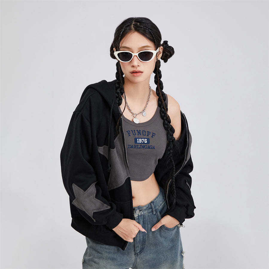 wsevypo Grunge Retro Star Print Hoodies Autumn Women's Long Sleeve Zip-up Hooded Sweatshirts with Front Pocket Street Outwear - reetell