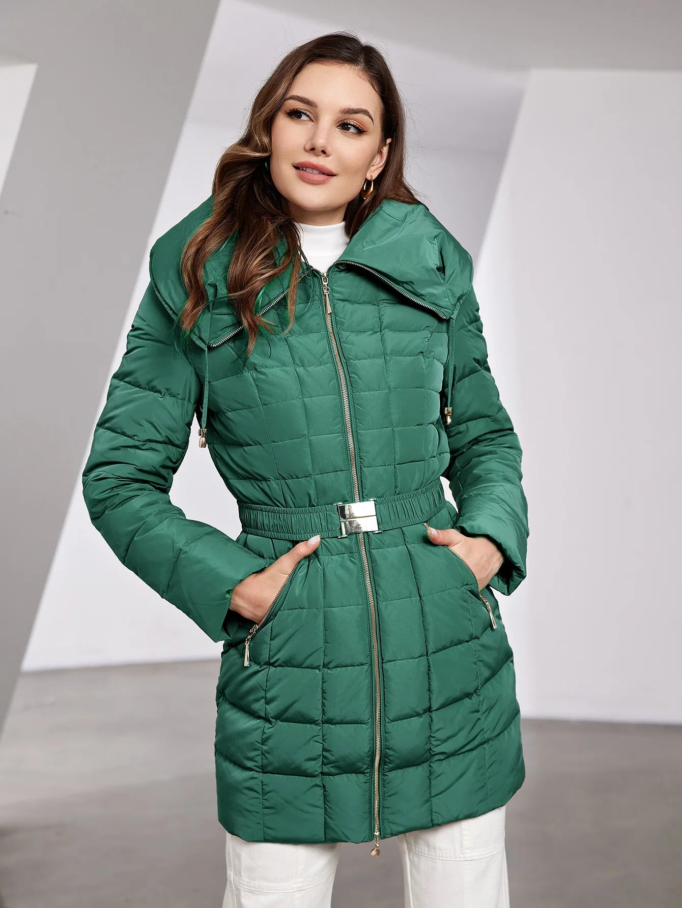 Astrid 2023 New Women's Winter Jacket Hooded Belt Long Parkas Warm Padding Puffer Plaid Quilted Coat Down Jacket Thick Snow Wear