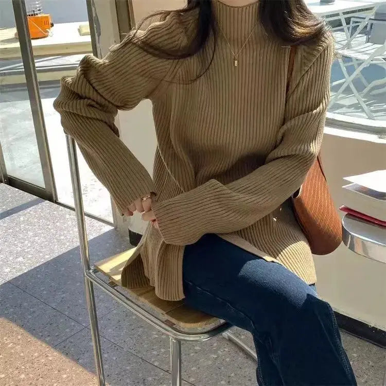 Women's Knit Sweater Off-white Loose Turtleneck Ladies PulloversButtons Slit Hot Sale Winter Offers Trend New Knitwear 2024 - reetell