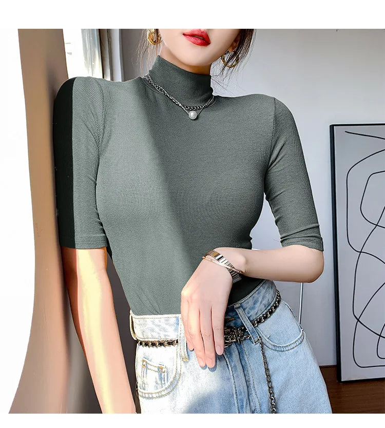 Basic Cotton T Shirt Women Turtleneck Slim Tshirt Short Sleeve T-shirts Female Casual Elasticity White Tee Shirt Femme Woman Top - reetell