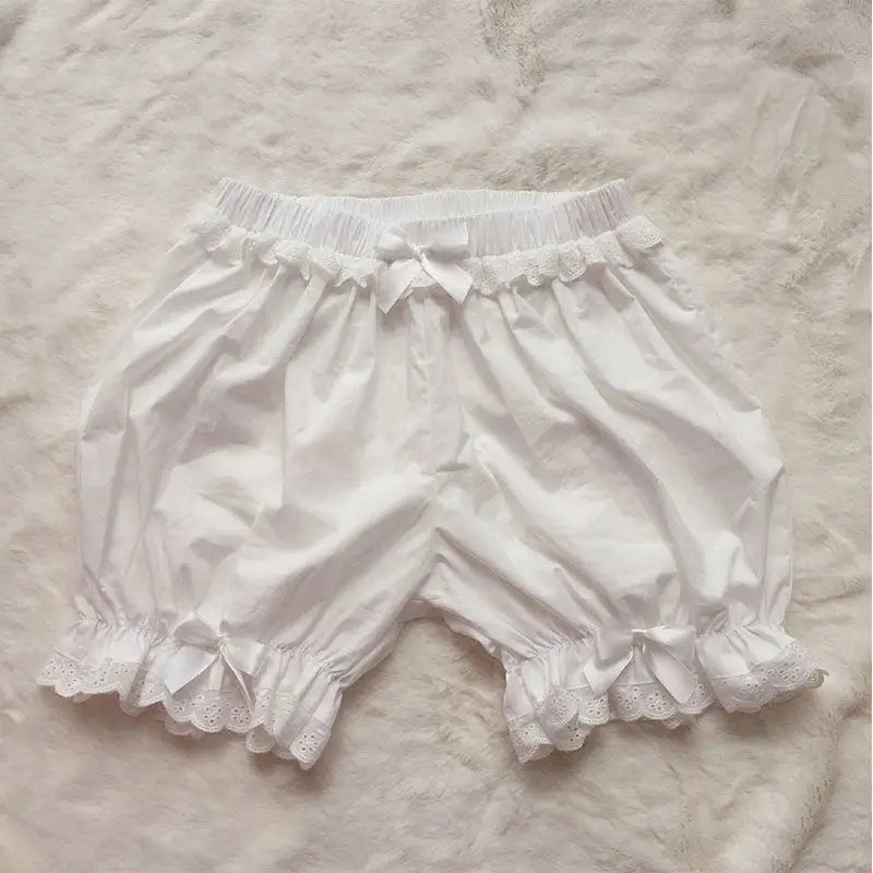 White Ruffles Knickers Women Girl Kawaii Panties Cute Lace Bowknot Lolita Safety Shorts Pants Elastic Vintage Victorian Bloomers - reetell