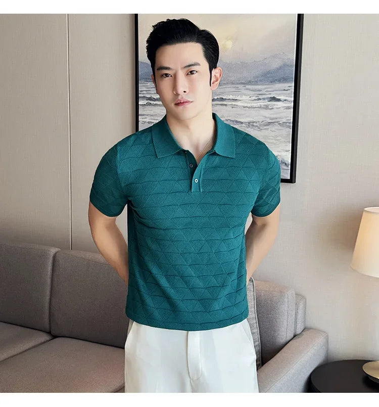 High-quality Men's Jacquard Polo Shirt, Business Casual Men's Solid Color Short-sleeved Top,  Geometric Pattern Men's T-shirt.