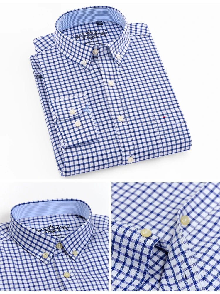 Men's Long Sleeve Oxford Plaid Striped Casual Shirt Front Patch Chest Pocket Regular-fit Button-down Collar Thick Work Shirts