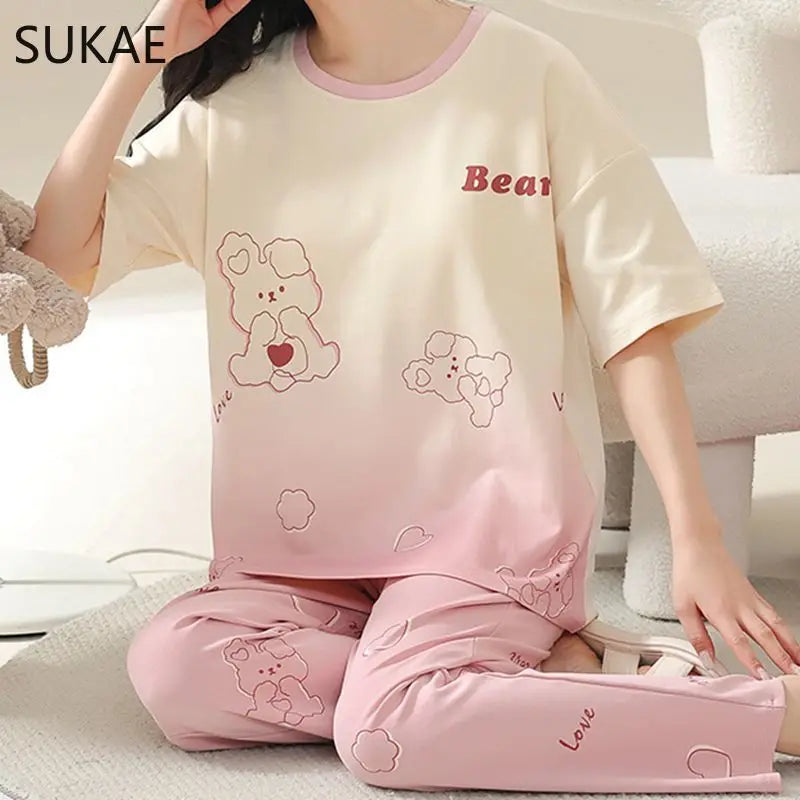 SUKAE Summer Women Pajamas Set Plus Size M-5XL Cotton Women's Pajama Short Sleeves Nightwear Sleepwear Korean Pijamas for Girl