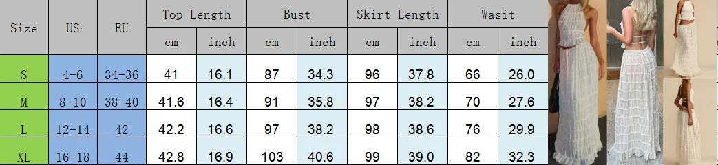 Women Boho Sexy Backless Matching Suit 2 Piece Beach Holiday Outfits Vintage Ruched Halter Cami Tops + Maxi Long Skirt Party - reetell