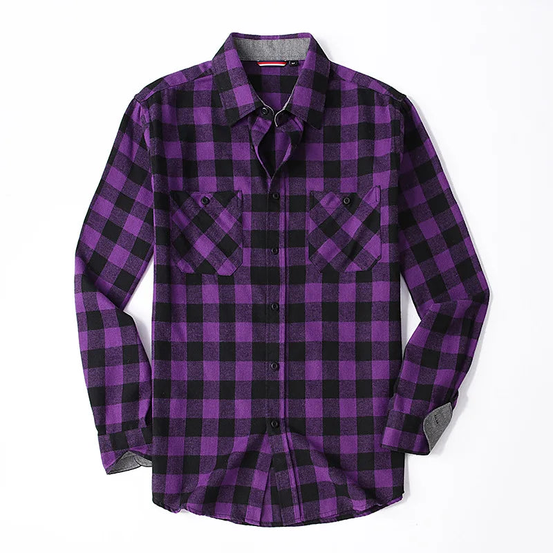 2023New Men Casual Plaid Flannel Shirt Long-Sleeved Chest Two Pocket Design Fashion Printed-Button