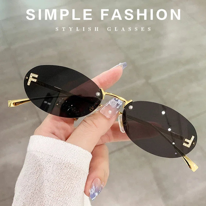 Letter Oval Sun Glasses Fashion Women's Sunglasses Women Luxury Quality Cat Eye Sun Glasses Rimless Eyewear - reetell