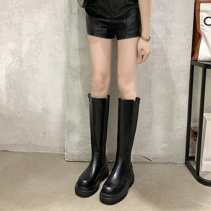 Fashion Woman's Platform Zipper Spring Autumn PU Leather Non-slip Knee High Luxury Designer Casual Women Chunky Long Black Boots