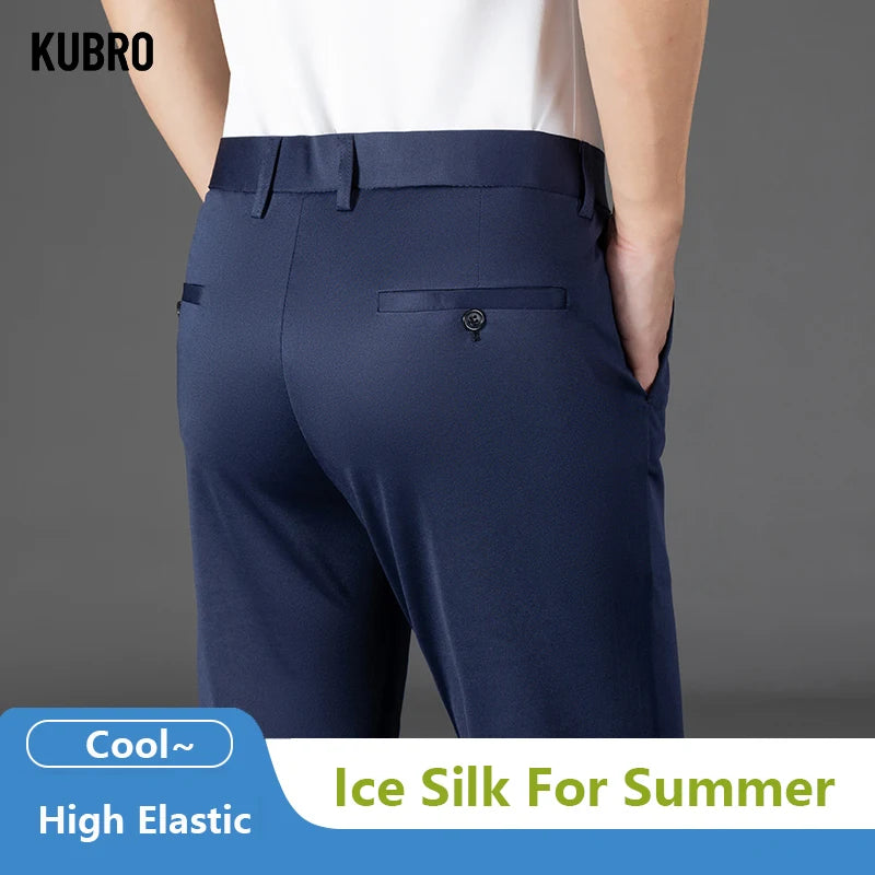 KUBRO Men's Summer Thin Fashion Business Casual Suit Pants Long Pants Men's Elastic Straight Sleeve Formal Pants Plus Size 2024 - reetell