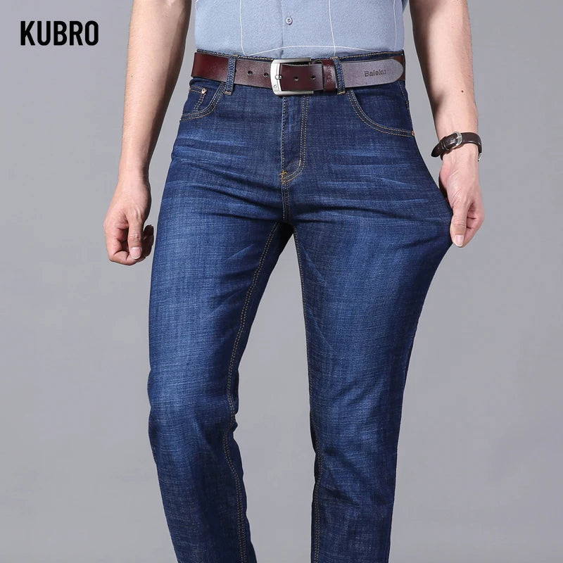 KUBRO Men's Jeans Summer Thin Pants Straight Blue Jean Baggy Casual Work Denim Pant High Elasticity Wide Leg Business Male - reetell