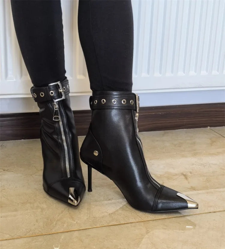 Belt Buckle Front Zipper Fashion Show Short Boots Women's Autumn Winter New Pointed Metal Decoration Red High Heels Ankle Boots