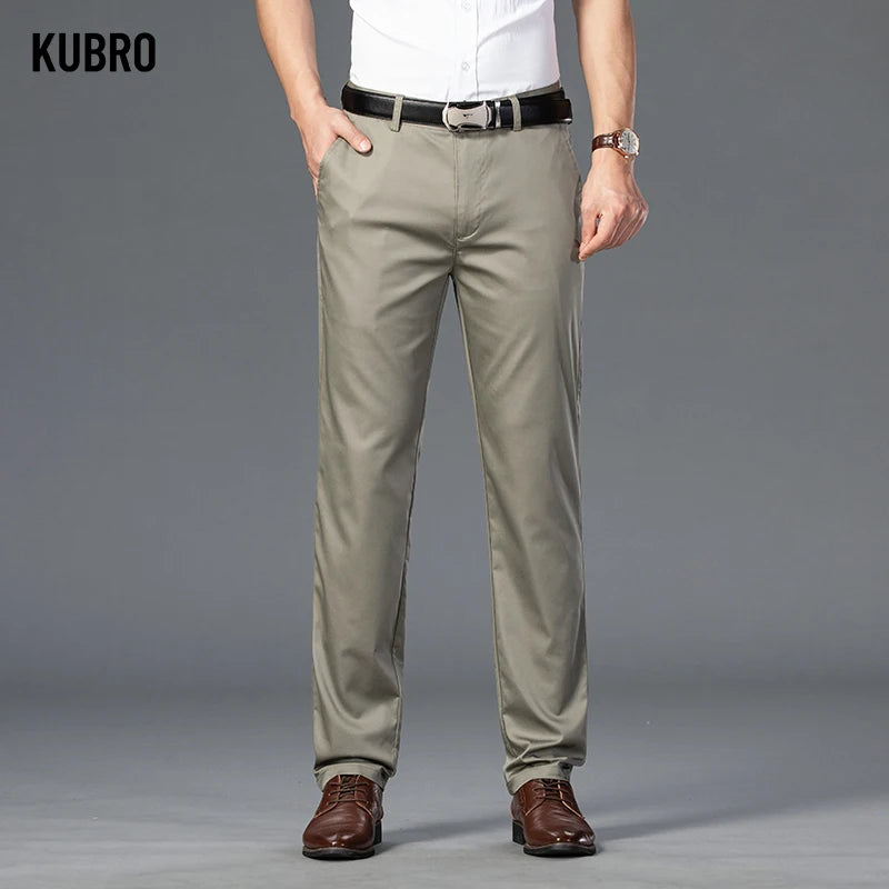 KUBRO Men's Summer Thin Fashion Business Casual Suit Pants Long Pants Men's Elastic Straight Sleeve Formal Pants Plus Size 28-40 - reetell