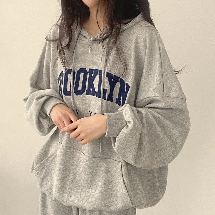 BROOKLYN Letter Print Hoodies Women Retro Chic Long Sleeve Loose Pullovers 2024 Harajuku Casual Hooded Sweatshirt Y2K Streetwear - reetell