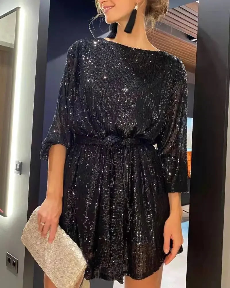 2024 New Women's Holiday Party Cocktail Party Sparkling Beaded Dress Fashion Temperament Elegant Sexy Sequined Evening Dress - reetell