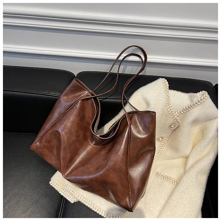 Women Tote Bag Fashion Underarm Pouch Large Capacity Soft Pu Leather Shoulder Bag Retro Crossbody Bag Casual Portable Bucket Bag