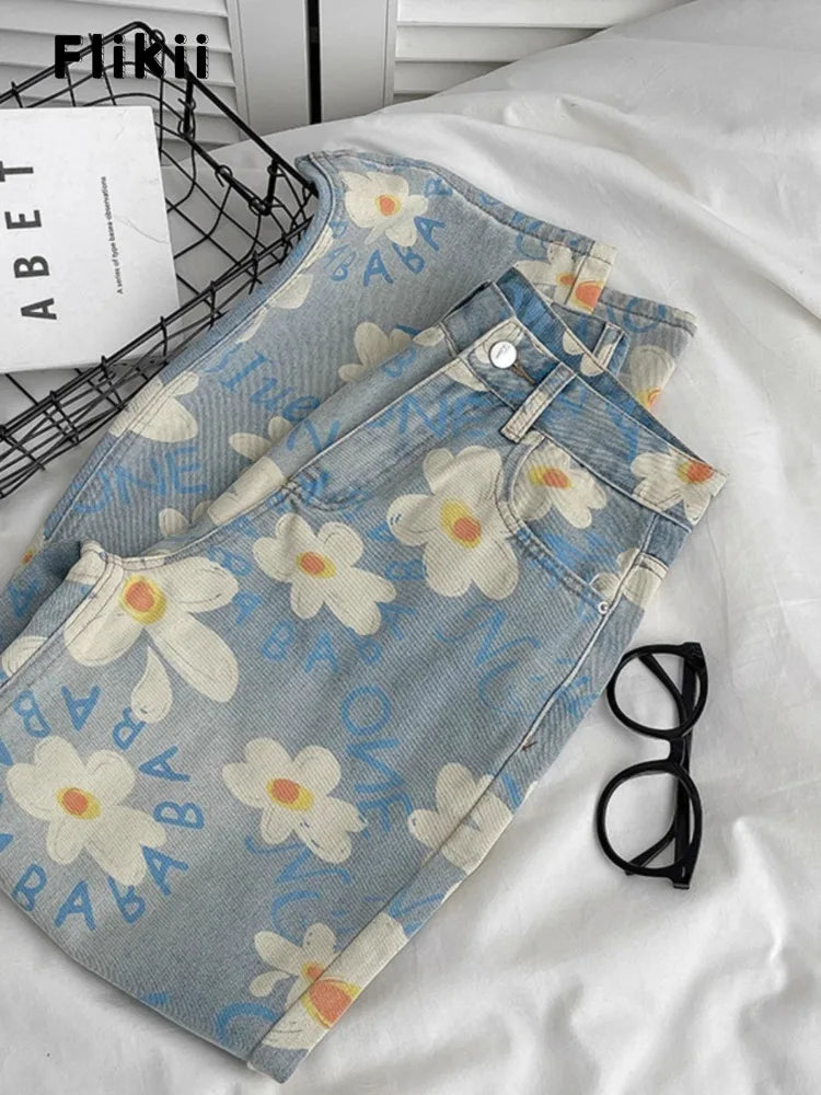 Y2K Baggy Flowers Printting 2000s Denim Trouser Women's Washed Vintage Casual Pants Female High Street Retro High Waist Jeans - reetell