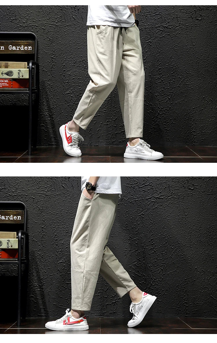 100% Cotton Ankle Length Pants Summer Casual Pants Man Trendy Japanese Loose Pants Men - reetell