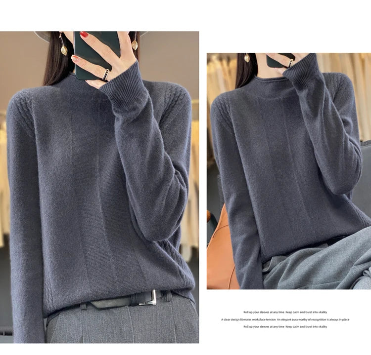 2024 Autumn Winter Women 100% Merino Wool Sweater Striped O-Neck Pullover Knitwear Casual Undershirt Cashmere Clothing Tops - reetell