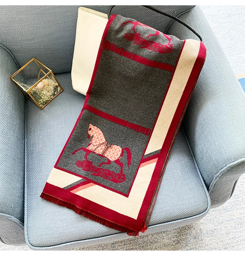 Women's Autumn Winter Horse Pattern Scarf New Luxury Cashmere Feeling Large Blanket Wrap Soft Warm Brand Shawl Retro & Classical - reetell