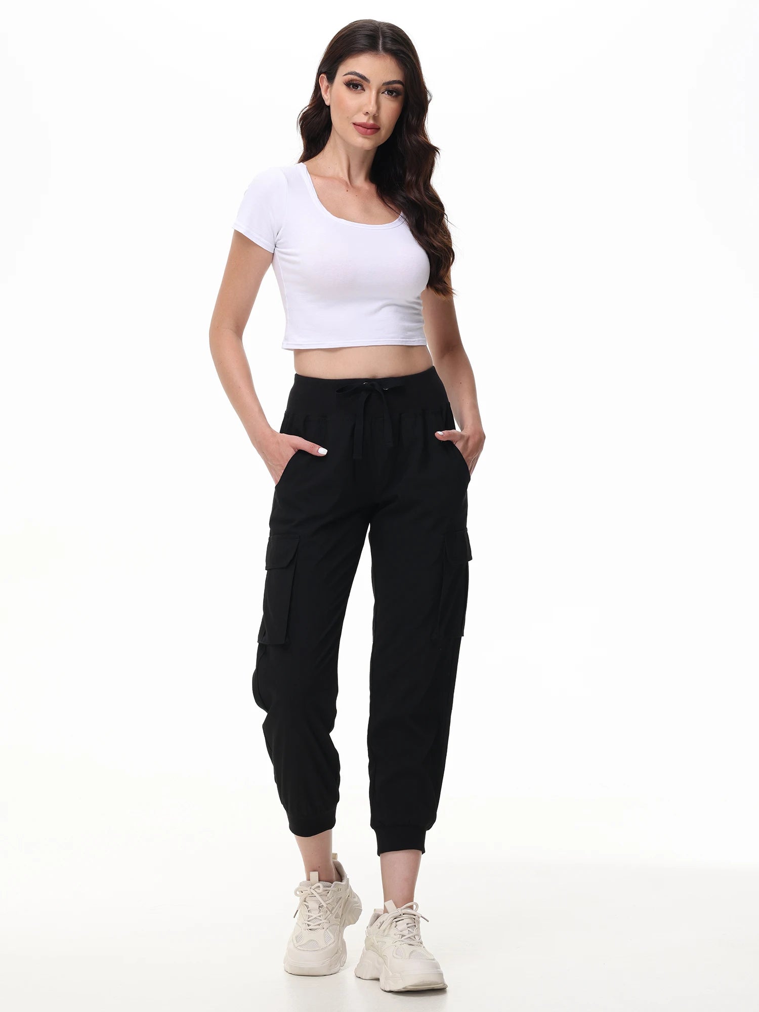 Ladies' Casual Yoga Jogging Pants, Elastic Fabric and Breathable Cropped Pants,  Trousers with 6 Pockets for Women Moms - reetell