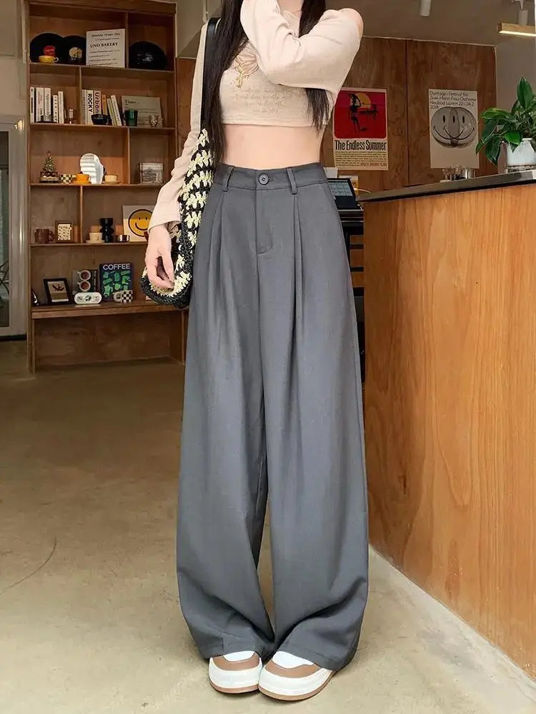 QWEEK Elegant Baggy Gray Suits Pants Woman Oversized Office Ladies Casual Korean Fashion Classical Trousers High Waist Summer - reetell