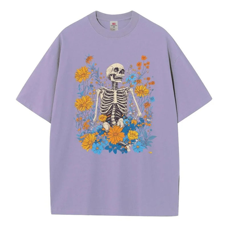 T shirt baggy style pure cotton drop shoulder unisex tops Garden Centre skeleton vintage graphic t shirts breathable print