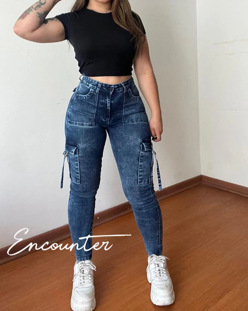 Straight Cargo Jeans Women's Streetwear Stretchy High Waisted New Fashion Jeans Unique Multi-Pocket Female Style Fall Pantalones - reetell