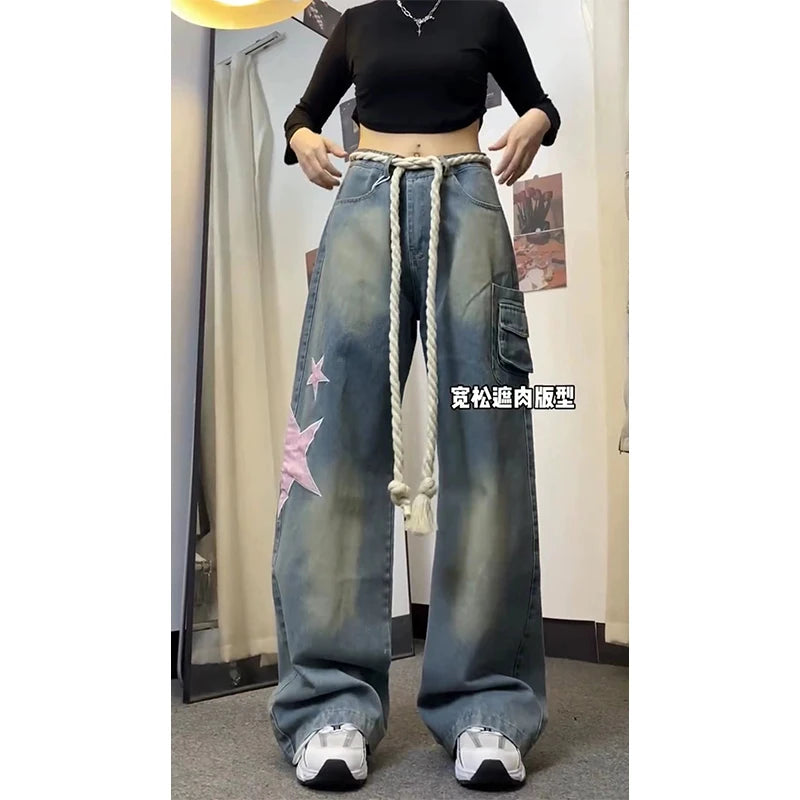 Women Baggy Star Jeans Vintage Harajuku Oversize High Waist Denim Trouser Emo 2000s Y2k 90s Aesthetic Wide Pants Trashy Clothes - reetell