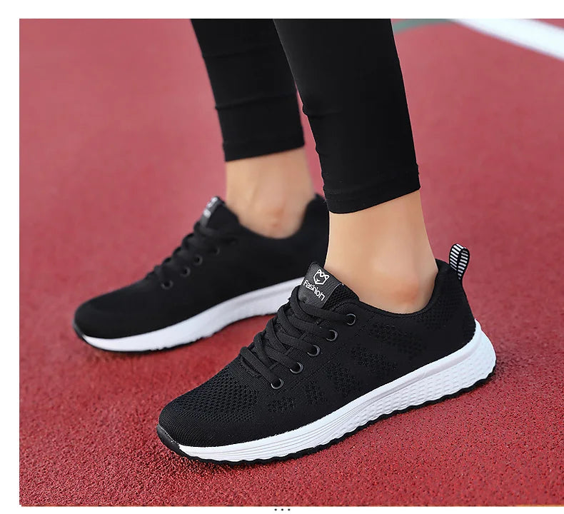 Women Casual Shoes Breathable Walking Mesh Lace Up Flat Shoes Sneakers Women Tenis Feminino Pink Black White - reetell