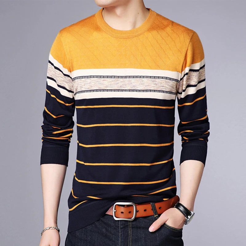 Men's Casual Striped Knit Spring and Autumn Long Sleeved Pullover Fashion Top - reetell