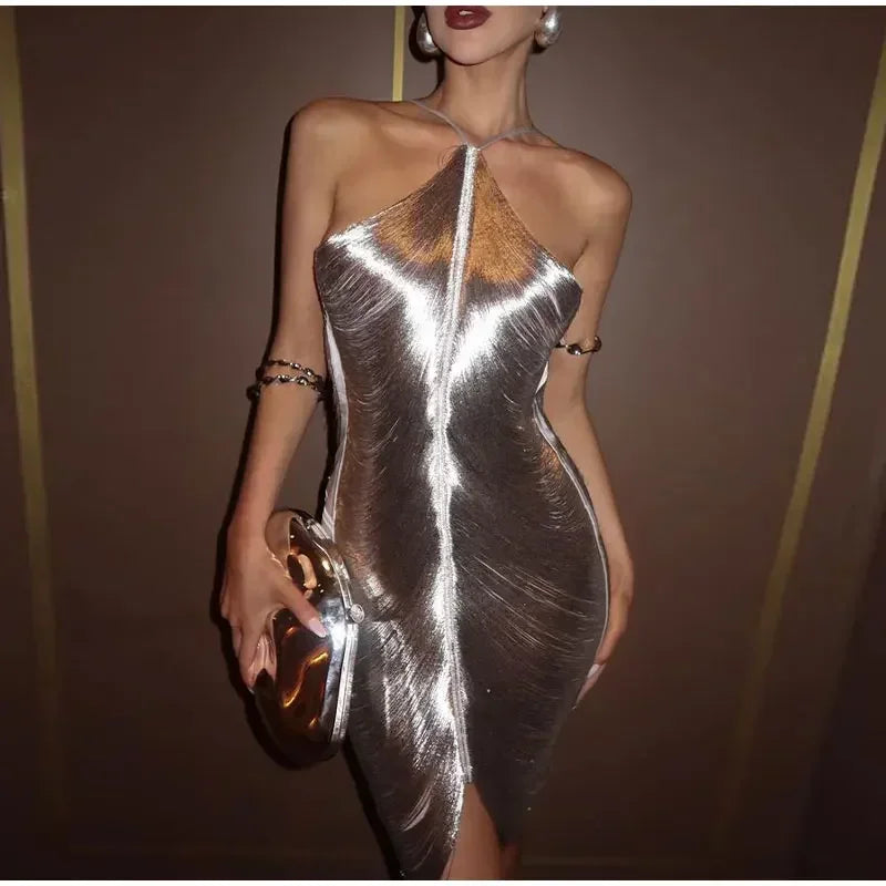 Sexy Hanging Neck Metallic Short Dress Women Fashion Off Shoulder Backless Shiny Dresses Elegant Female Evening Party Vestidos - reetell