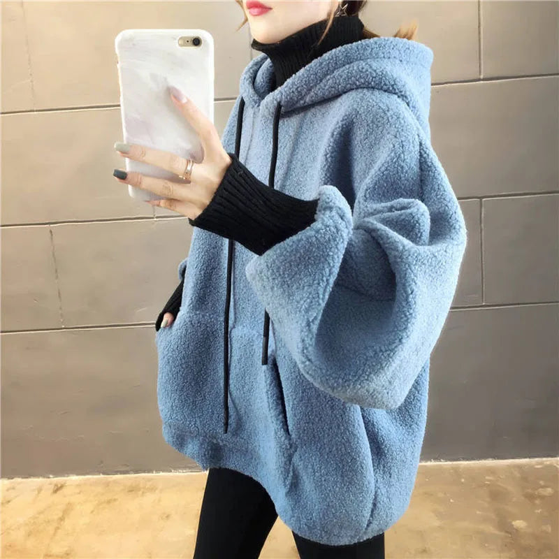 Faux Lamb Sweatshirt Women Loose Fake Two Piece Fashion Hoodies Fluffy Big Pocket Letter Long Sleeve Winter Female Tops - reetell